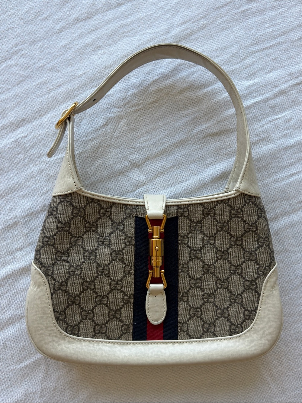 Gucci GG Canvas Shoulder Bag with Cream Leather and Red-Blue Web
